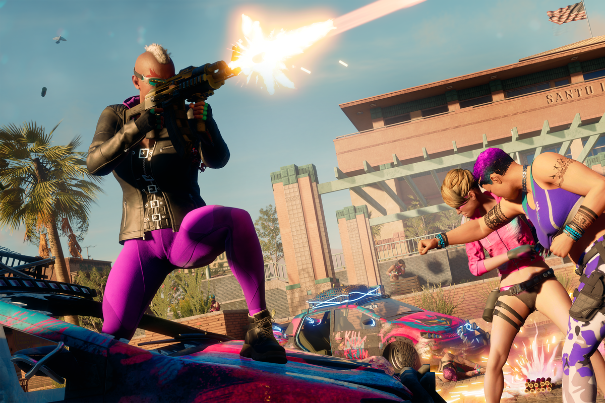 A shooter fires a gun on the roof of a car while two men have a fistfight nearby in a screenshot from Saints Row (2022).