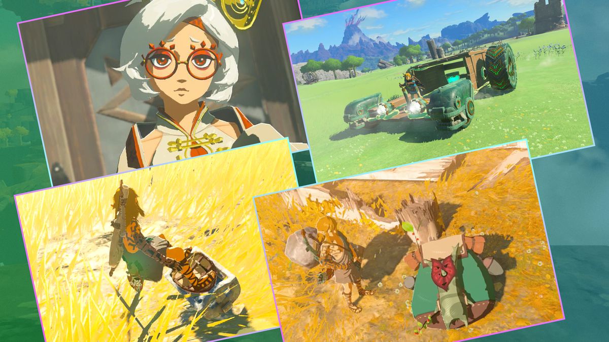 A graphic shows four different images from Tears of the Kingdom. The top left shows Purah and her new design. The top right shows Link on a small truck. The bottom left shows Link skateboarding on a mine cart. The bottom right shows a Korok laying on its back.