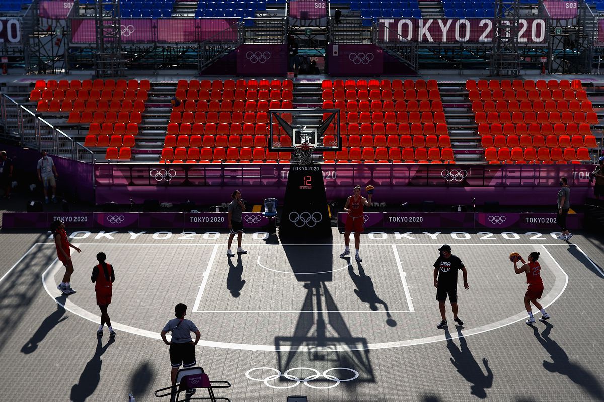 Athletes and coaches for Team USA practice in 3x3 basketball at Aomi Urban Sports Park ahead of the Tokyo 2020 Olympic Games on July 22, 2021 in Tokyo, Japan.