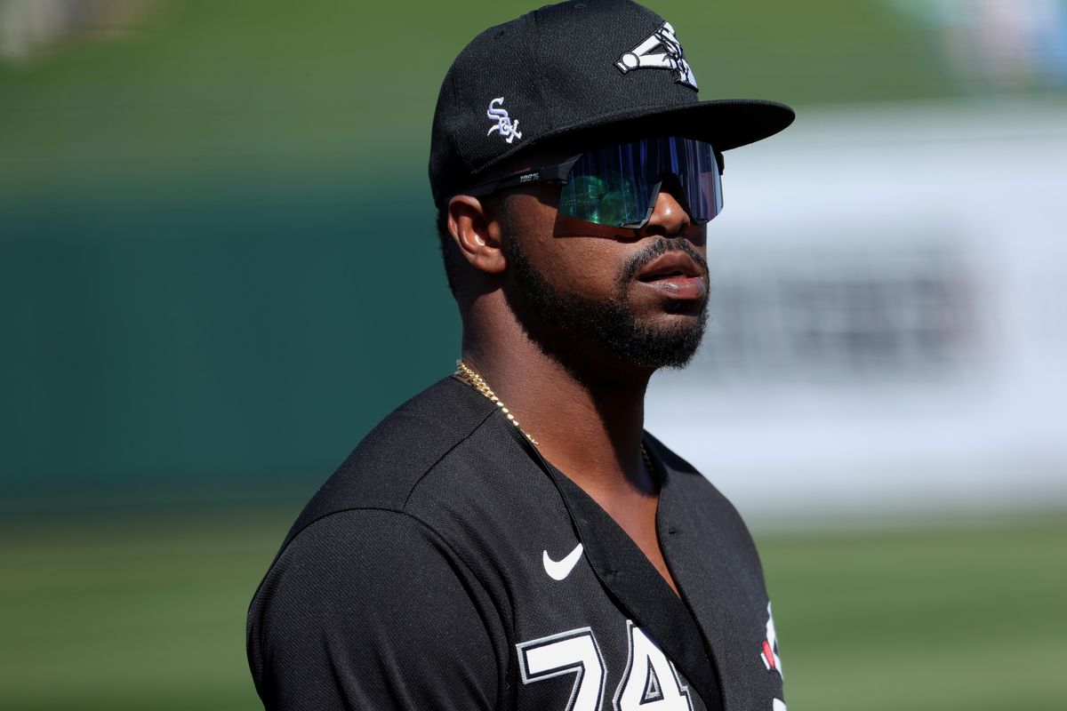Eloy Jimenez #74 of the Chicago White Sox in action against the Kansas City Royals during a preseason game at Surprise Stadium on March 03, 2021 in Surprise, Arizona.