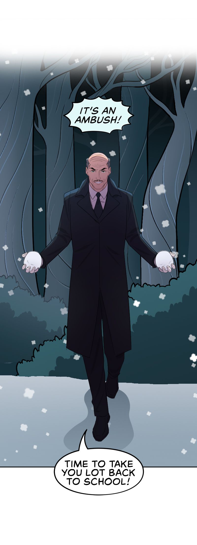 “It’s an ambush!” someone cries as Alfred steps out of the woods with two snowballs, saying “Time to take you lot back to school!” in Batman: Wayne Family Adventures.