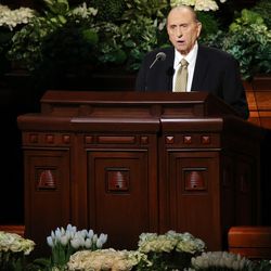 President Thomas S. Monson announces five new temples as he speaks in the Conference Center in Salt Lake City during the morning session of the LDS Church’s 187th Annual General Conference on Sunday, April 2, 2017.
