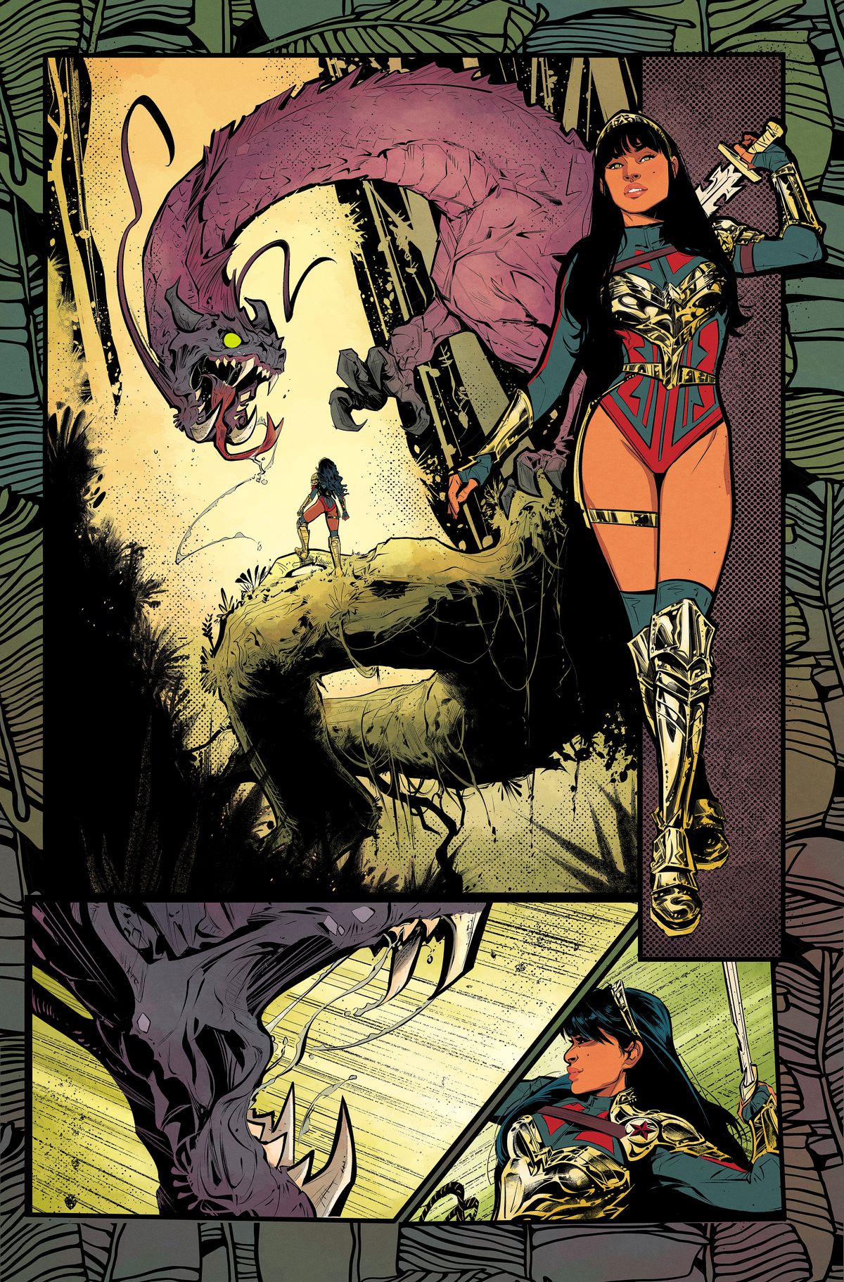 Yara draws her sword to face a one-headed hydra in the jungle in Future State: Wonder Woman #1, DC Comics (2021). 