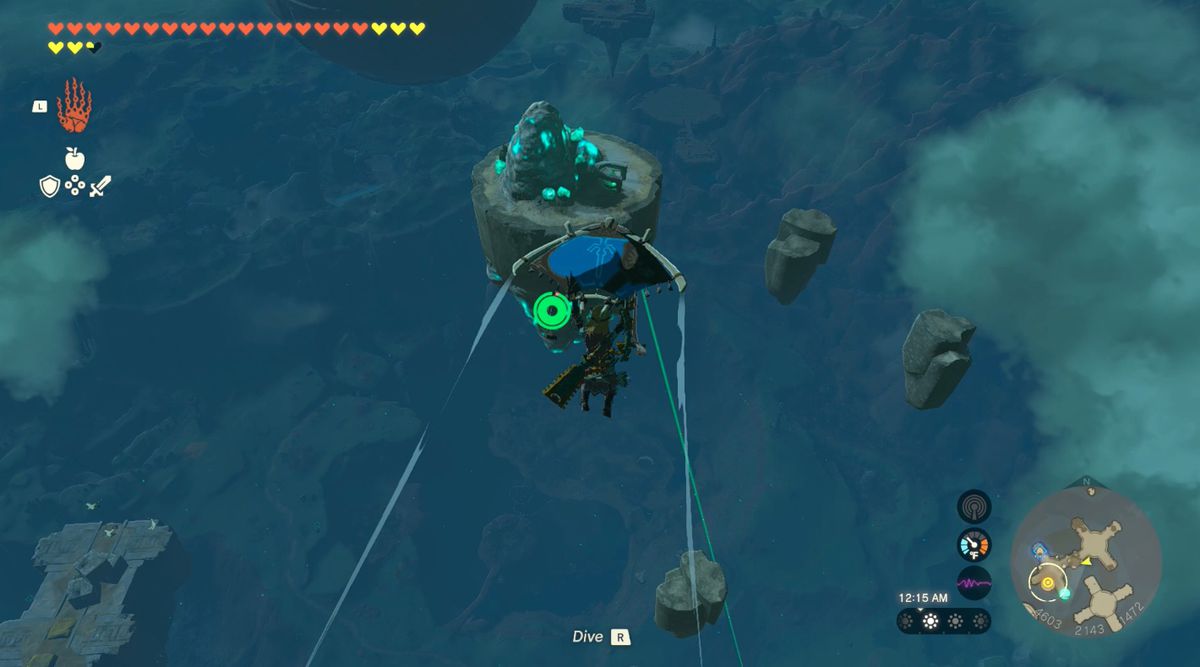 Links drops down to a luminous stone island in the Sky Mines in Zelda: Tears of the Kingdom