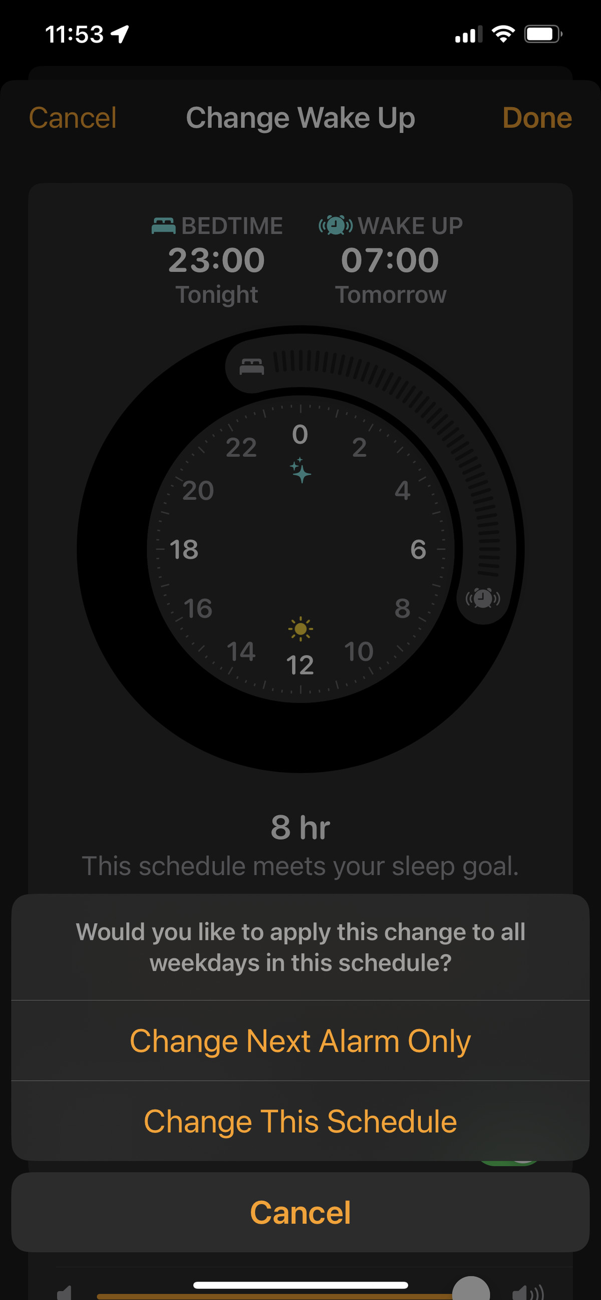 Clock app Sleep Schedule edit menu