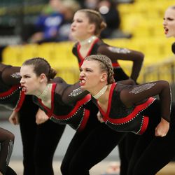 American Fork’s drill team competes in the military category of the 6A state finals at the UCCU Center in Orem on Thursday, Feb. 4, 2021.