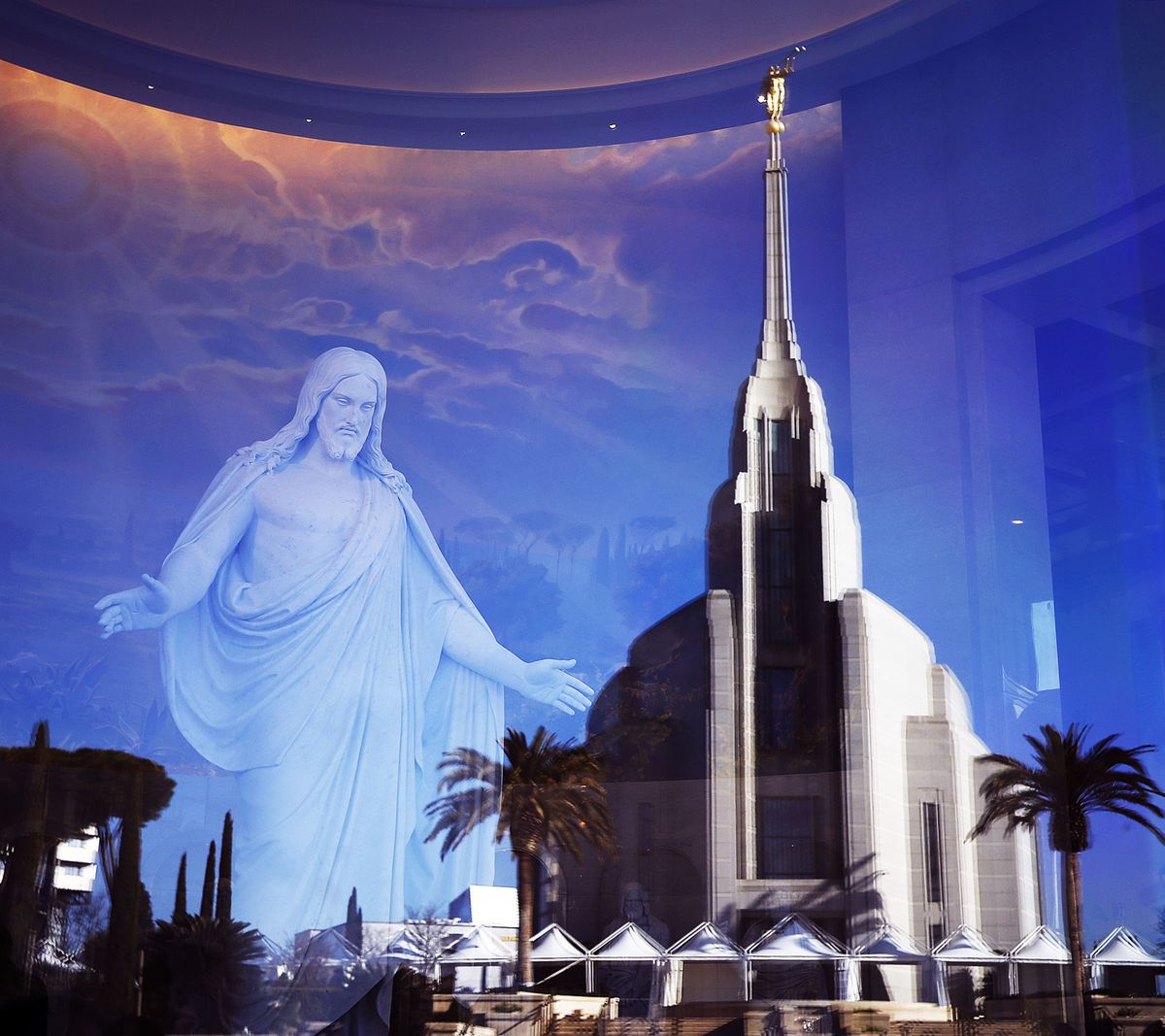The Rome Italy Temple is reflected in the window of the Rome Temple Visitors Center of The Church of Jesus Christ of Latter-day Saints on Monday, Jan. 14, 2019.