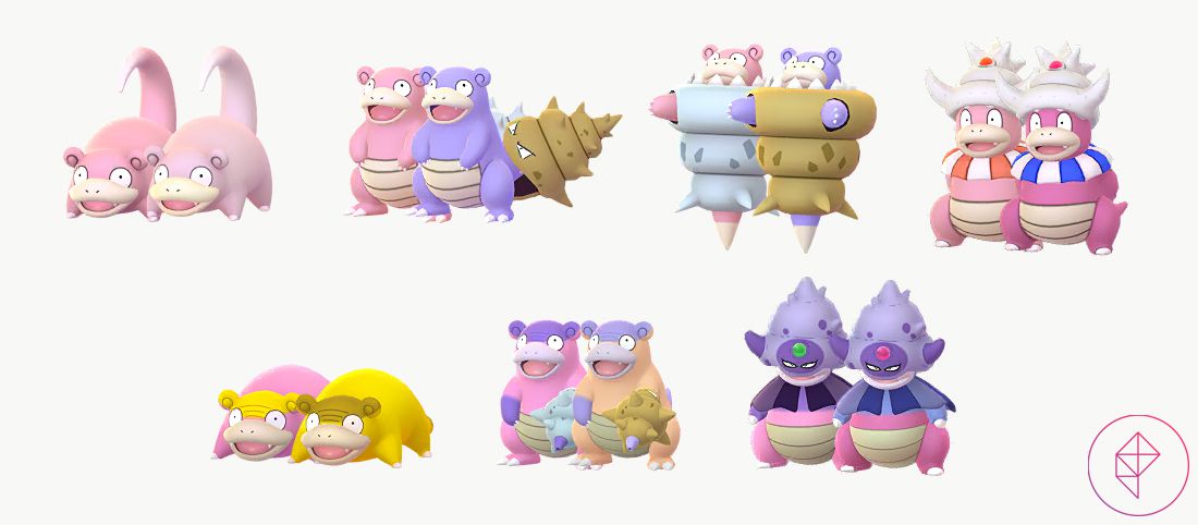 Slowpoke, Galarian Slowpoke, and its evolutions with its regular and shiny forms.