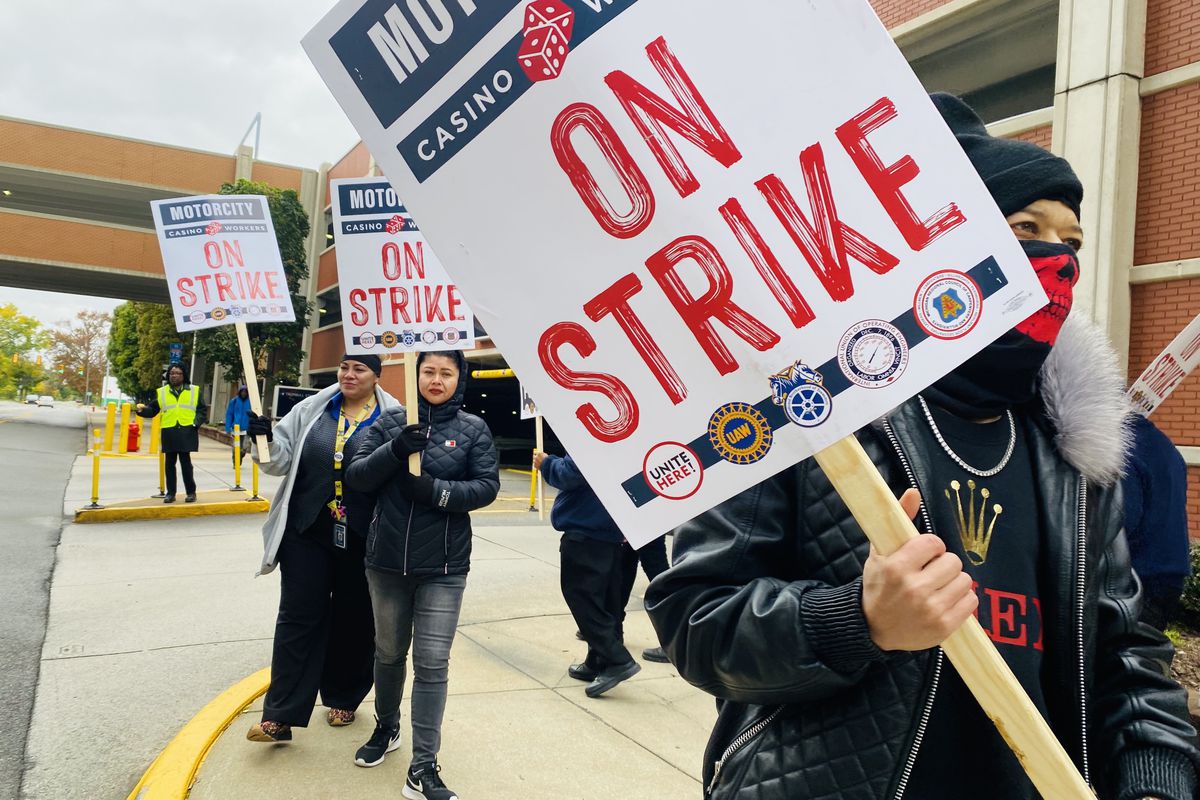 Picketing workers outside of MotorCity Casino on October 17, 2023, the first day of a month-long strike among casino workers in Detroit, Michigan.