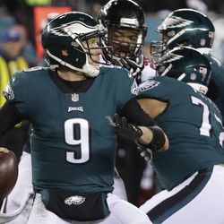 Philadelphia Eagles' Nick Foles plays during the first half of an NFL divisional playoff football game against the Atlanta Falcons Jan. 13, 2018, in Philadelphia. Philadelphia won 15-10.