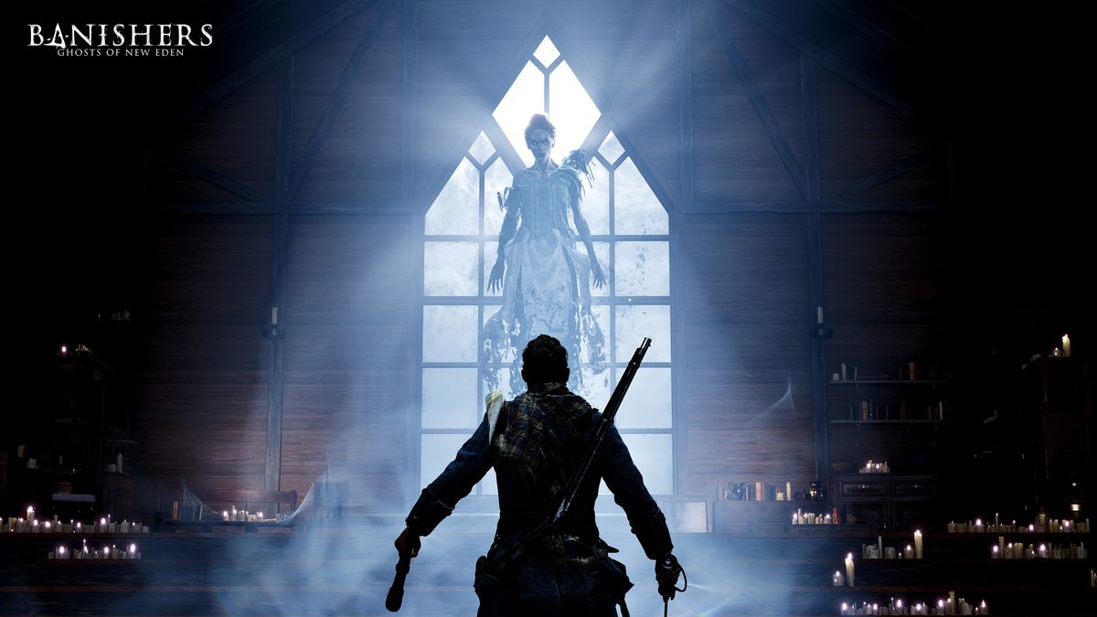 A man carrying weapons stands in front of a speaking, illuminated ghost as candles surround them in Banishers: Ghosts of New Eden