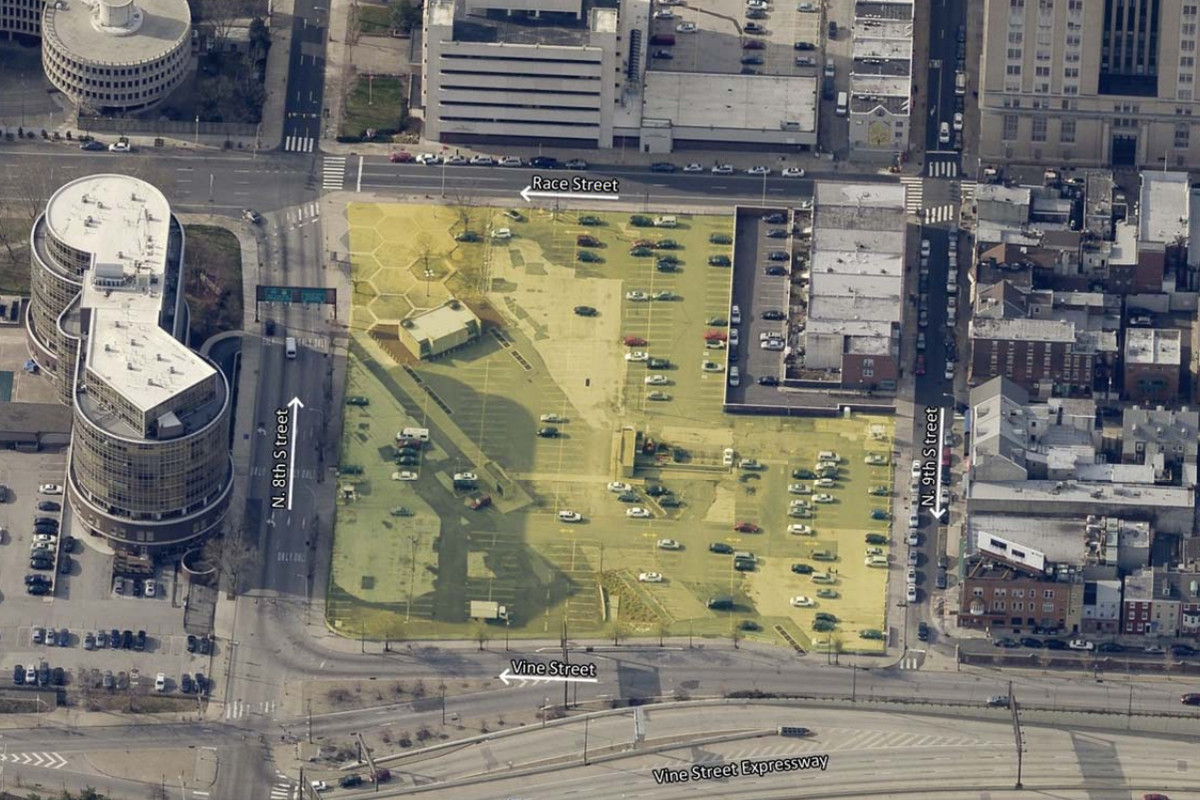 An aerial view of a parcel of land in Chinatown, Philadelphia that’s available for purchase.