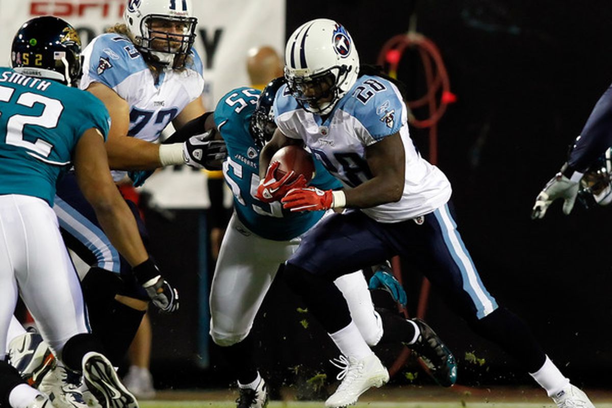 JACKSONVILLE FL - OCTOBER 18:  Running back Chris Johnson #28 of the Tennessee Titans runs the ball against the Jacksonville Jaguars during the game at EverBank Field on October 18 2010 in Jacksonville Florida.  (Photo by J. Meric/Getty Images)