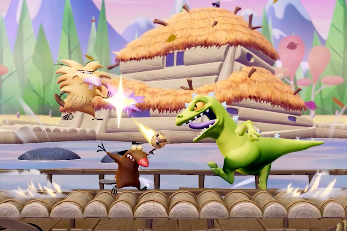 Daggett and Norbert Beaver from The Angry Beavers team up to battle Reptar from Rugrats in a screenshot from Nickelodeon All-Star Brawl 2