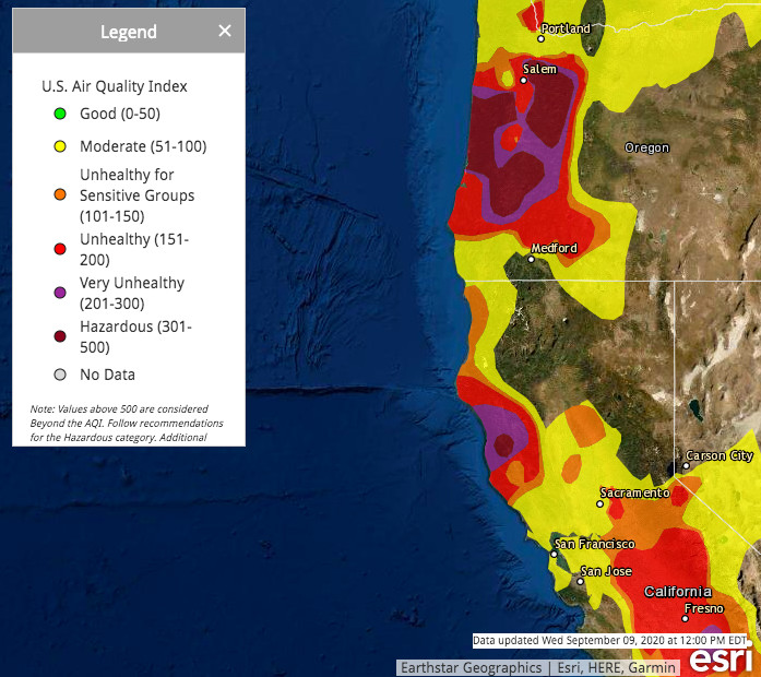 Map of air quality across US West Coast on September 9, 2020. 