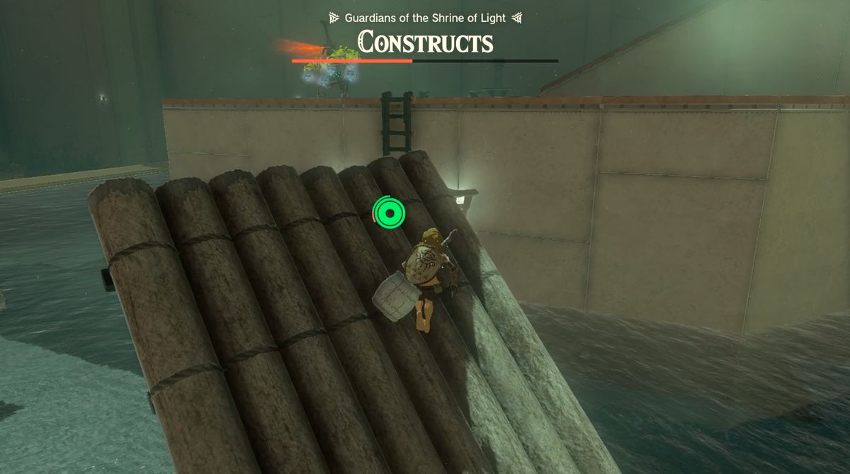 Link climbgint a raft in the Sifumim Shrine in Zelda: Tears of the Kingdom
