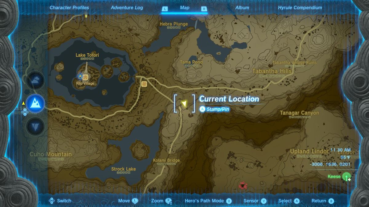 A screenshot of the map showing the Brightcap Cave in Zelda: Tears of the Kingdom