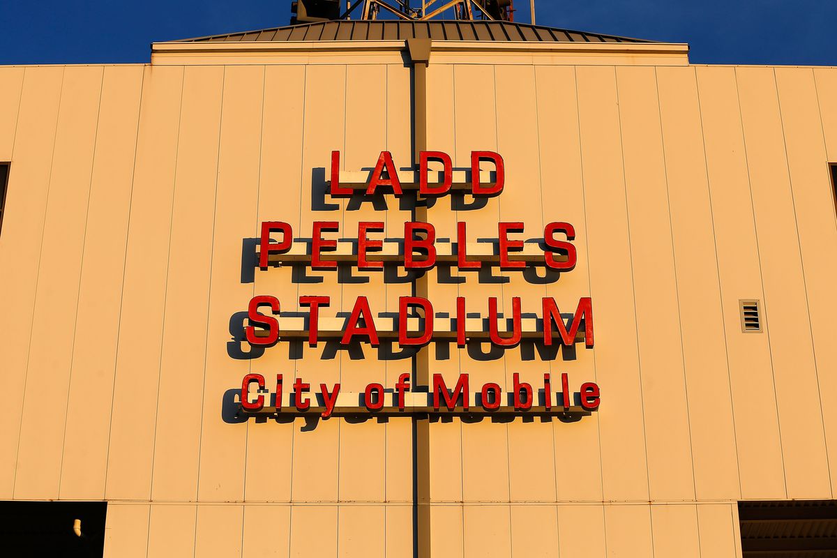 “Ladd Peebles Stadium, City of Mobile” is spelled out in red letters on the side of the arena.