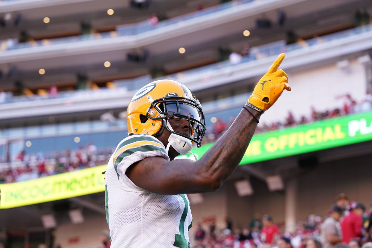 Green Bay Packers wide receiver Davante Adams (17) points towards the crowd before the start of the game against the San Francisco 49ers at Levi’s Stadium.