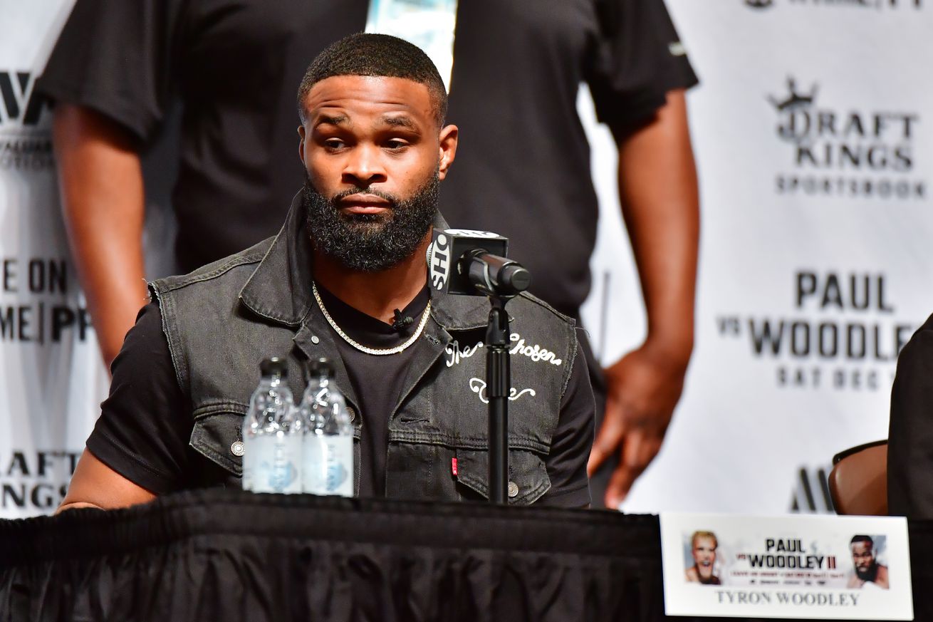 Tyron Woodley takes questions during a 2021 press conference for his second boxing match against Jake Paul.
