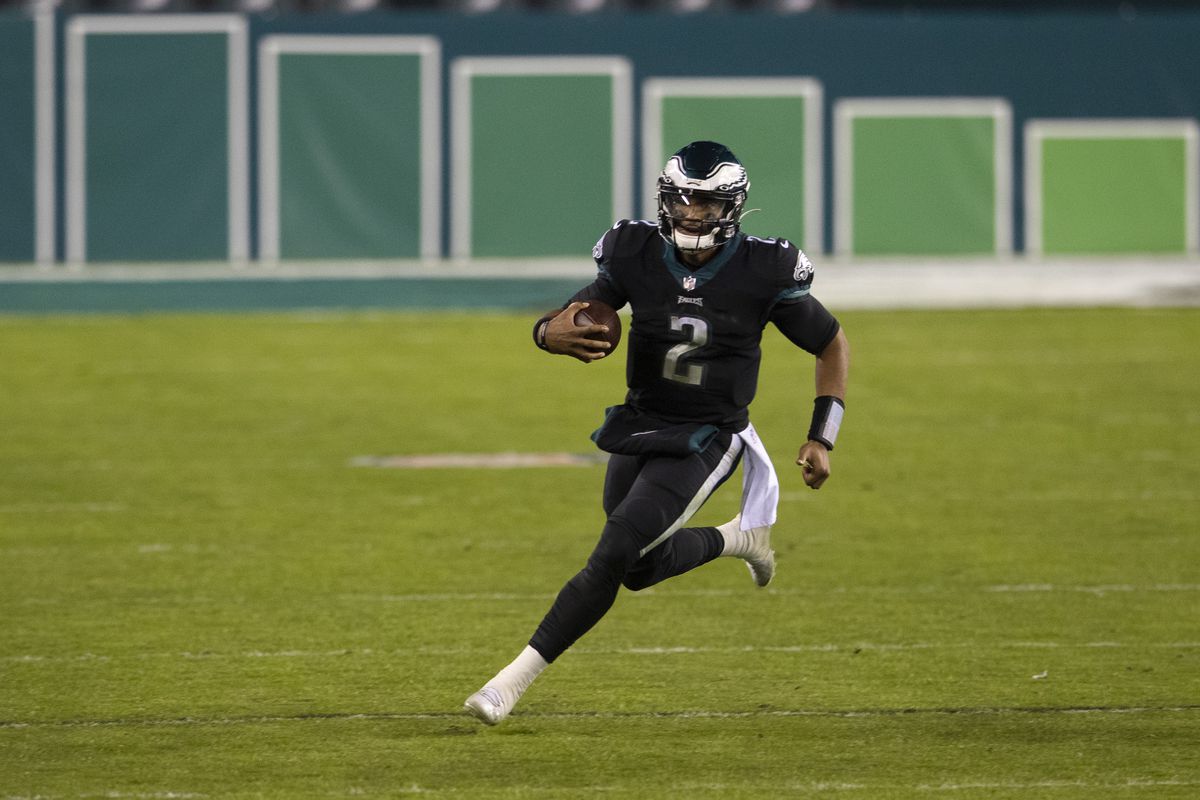 Jalen Hurts of the Philadelphia Eagles runs the ball against the New Orleans Saints at Lincoln Financial Field on December 13, 2020 in Philadelphia, Pennsylvania.
