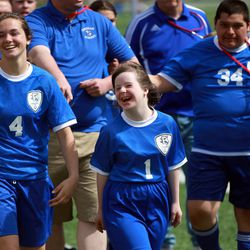 Bingham walks in the opening ceremonies of the 2014 Unified Soccer State High School Tournament, hosted by Special Olympics Utah and the Utah High School Activities Association, at Hillcrest High School in Midvale on Saturday, May 3, 2014.
