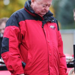 John Miller, American Fork Marching Band director, becomes emotional as he talk to band members following practice Wednesday, Oct. 28, 2015. Miller is preparing to retire after more than 30 years of teaching.