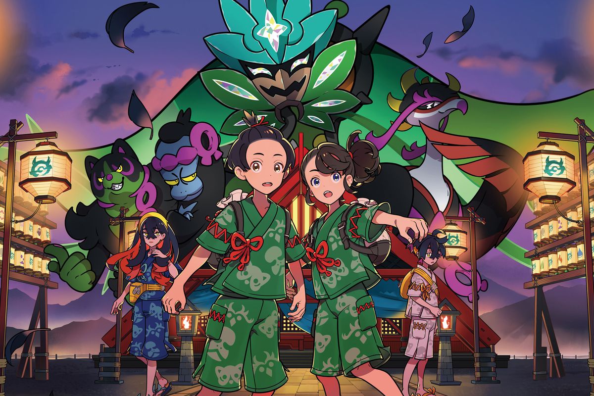 Key art for The Teal Mask Pokémon Scarlet/Violet DLC, featuring the two playable characters in yukata in front of several menacing looking Pokémon during a festival