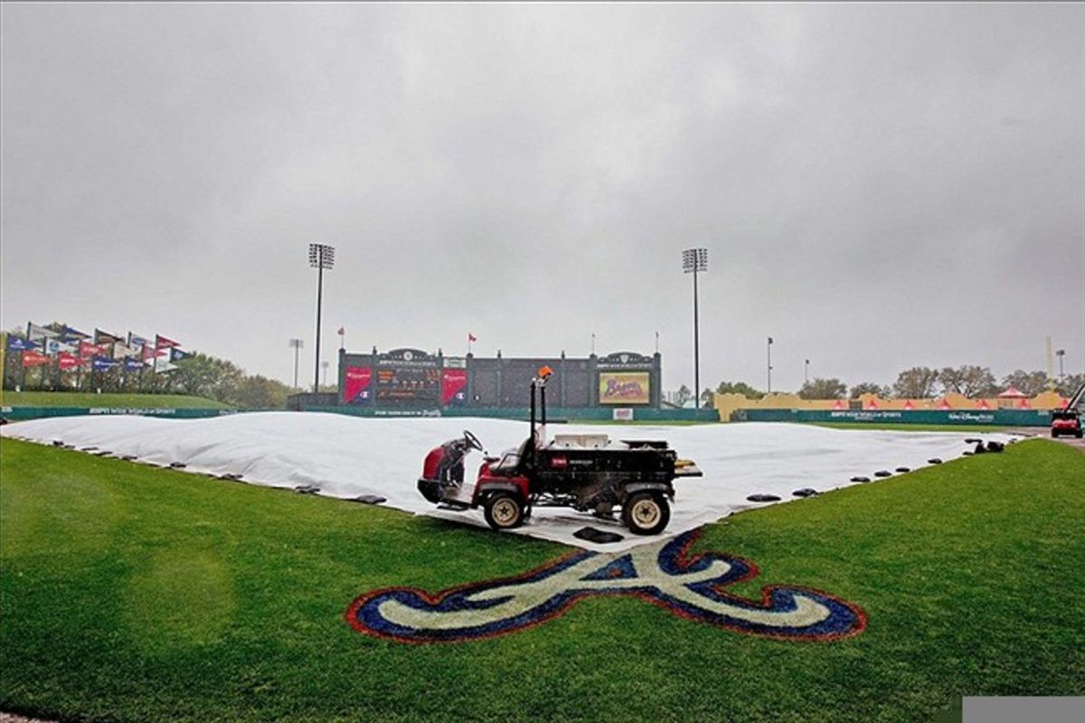 It's not supposed to rain in Florida! A general view of the rain delay in the game between the Atlanta Braves and the Toronto Blue Jays at Champion Stadium. Mandatory Credit: Daniel Shirey-US PRESSWIRE