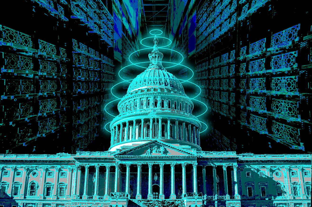 A picture of the US Capitol stylized with rings around the dome.