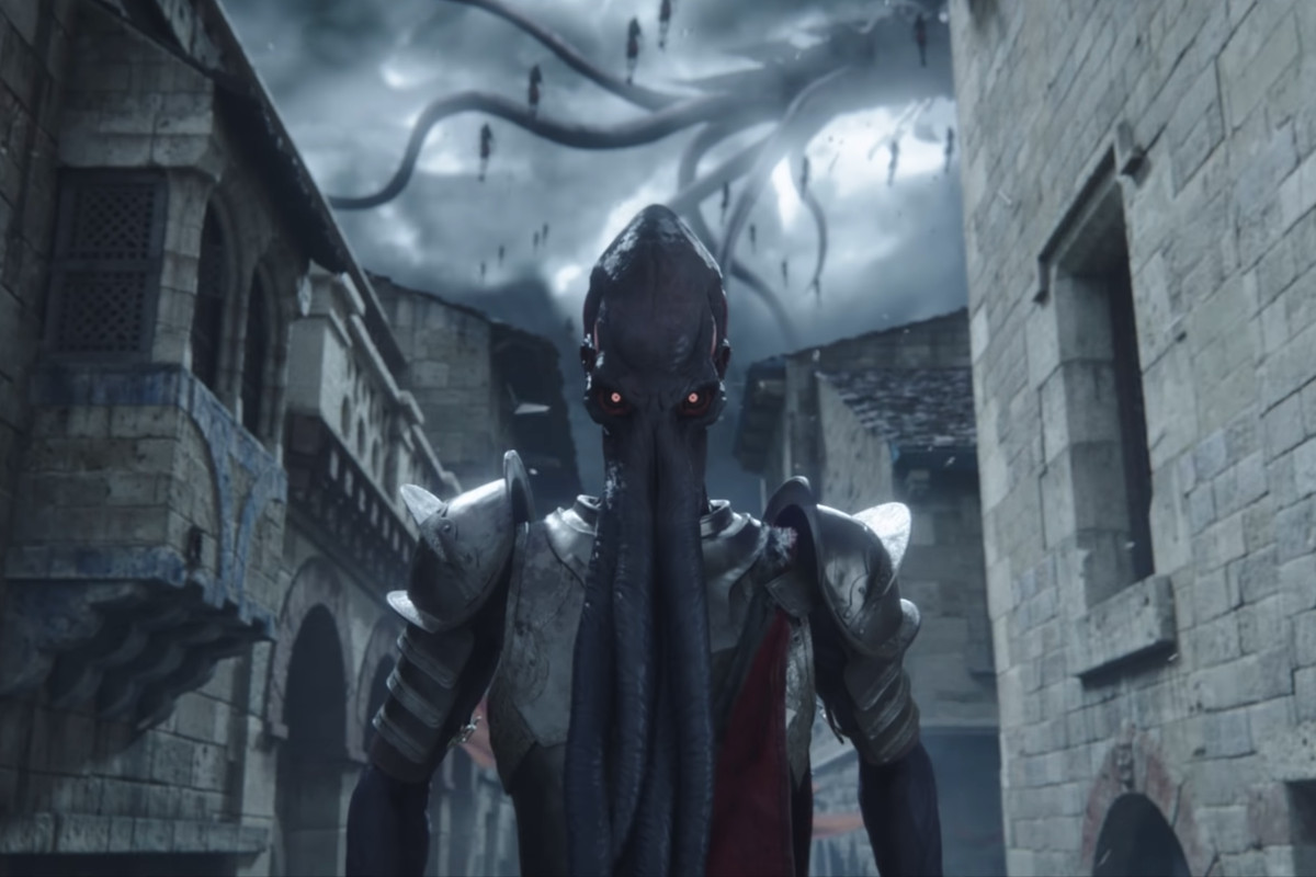 A mind flayer emerges in Baldur’s Gate. Many more float in the sky behind them, along with a massive nautiloid. From the announcement trailer for Baldur’s Gate 3 from Larian Studios, shown during the PC Gaming show at E3 2019.