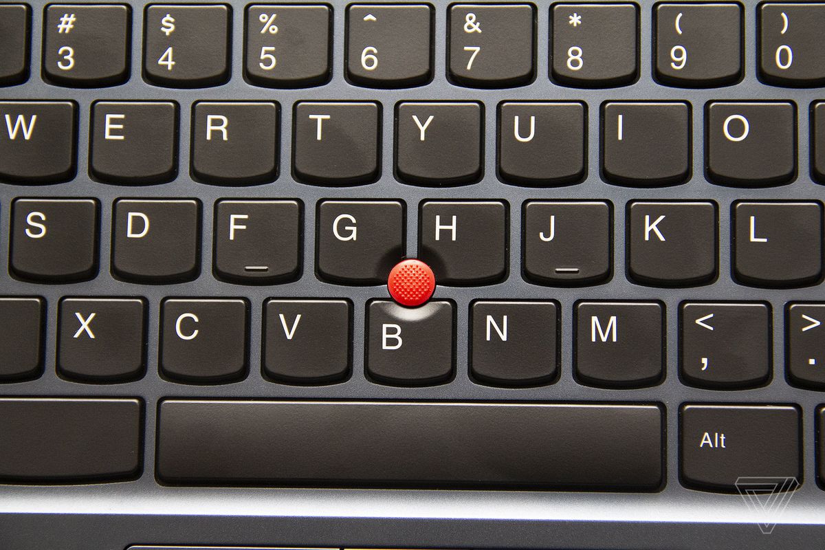 The TrackPoint in the center of the keyboard of the Lenovo ThinkPad C13 Yoga Chromebook.
