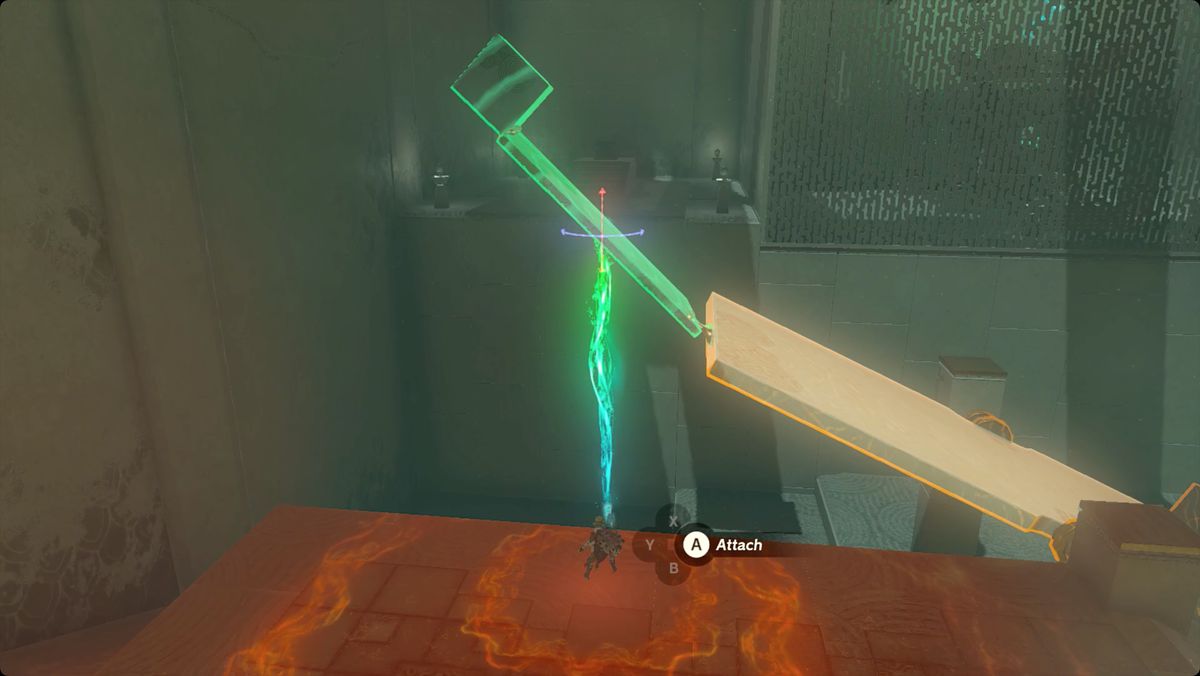 The Legend of Zelda: Tears of the Kingdom Link attaching a panel and metal cube to the end of a seesaw in Rotsumamu Shrine