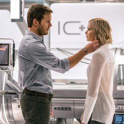 In the Infirmary, Jim (Chris Pratt) and Aurora (Jennifer Lawrence) realize they have limited options in “Passengers."
