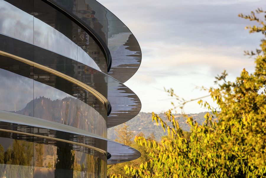 Apple Park’s signature curved windows.