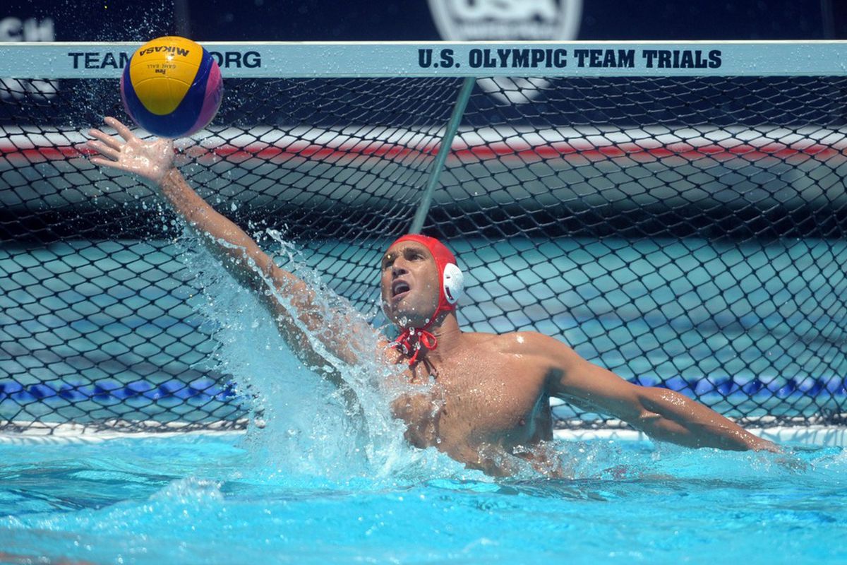 May 27, 2012; Newport Beach, CA, USA; United States goalie Merrill Moses (1) makes a save against Hungary at Newport Harbor high school. The United States defeated Hungary 12-9. Mandatory Credit: Kirby Lee/Image of Sport-US PRESSWIRE