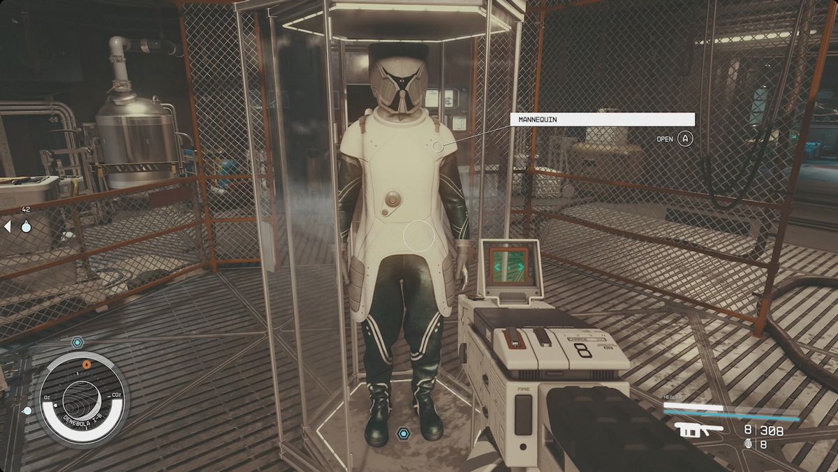 A Starfield player collects the Mantis’ spacesuit from a mannequin in the Secret Outpost