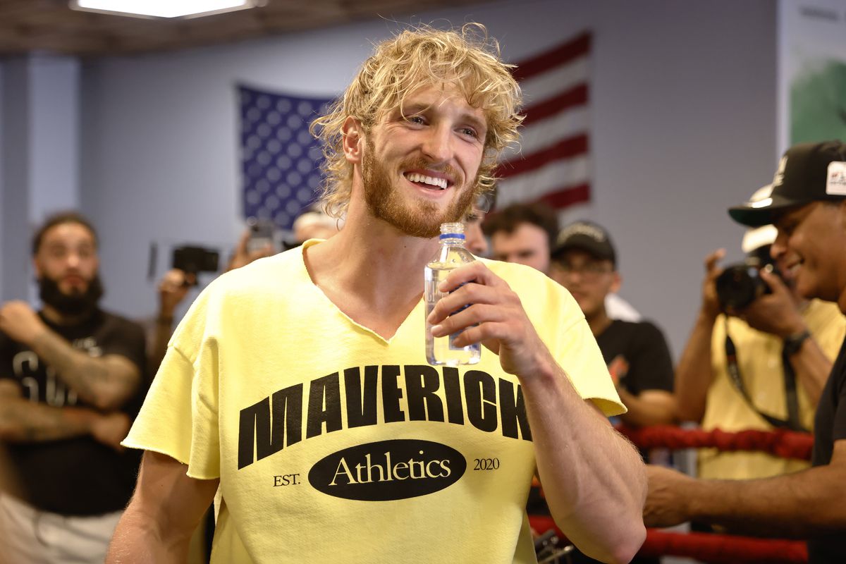 Logan Paul laughs with members of the media during his workout at the 5th St. Gym prior to his June 6th exhibition boxing match against Floyd Mayweather on June 02, 2021 in Miami Beach, Florida.