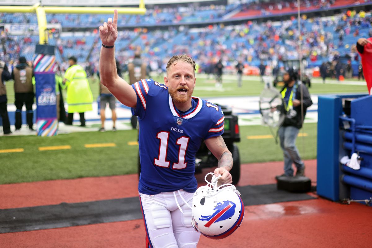Cole Beasley #11 of the Buffalo Bills acknowledges the fans as he leaves the field after the Bills defeated the Texans 40-0 at Highmark Stadium on October 03, 2021 in Orchard Park, New York.