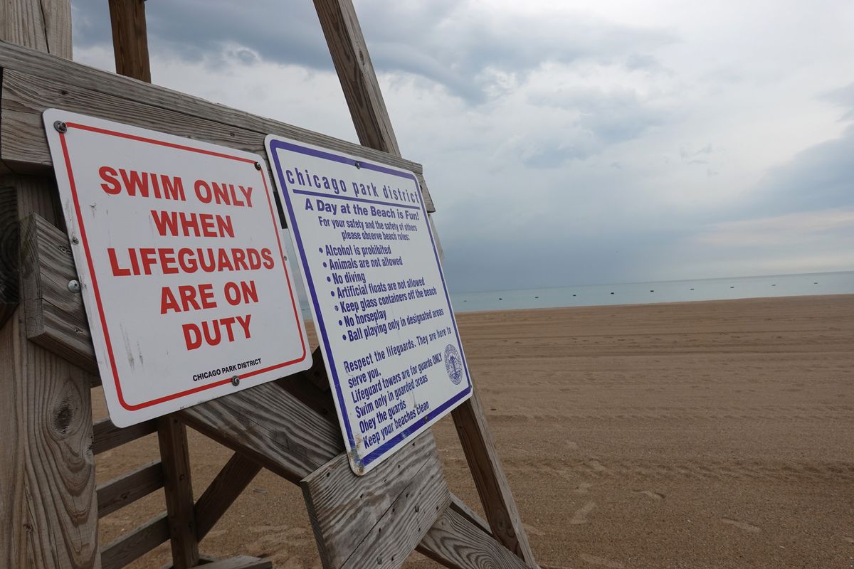 The lifeguard stand at North Avenue Beach along the Lake Michigan shore in Chicago on June 22, 2020.