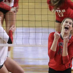 UNLV middle blocker Ashley Owens, right, reacts to a point over Utah in an NCAA first round match at Smith Fieldhouse in Provo on Friday, Dec. 2, 2016.