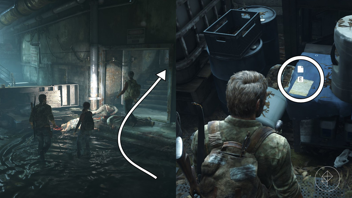 Rain Catcher Note artifact location in the The Sewers section of the The Suburbs chapter in The Last of Us Part 1