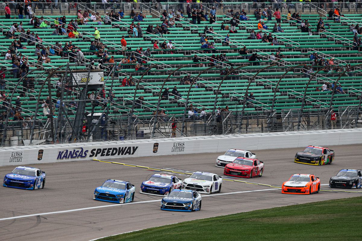 A general view of racing during the NASCAR Xfinity Series Kansas Lottery 300 at Kansas Speedway on September 10, 2022 in Kansas City, Kansas.