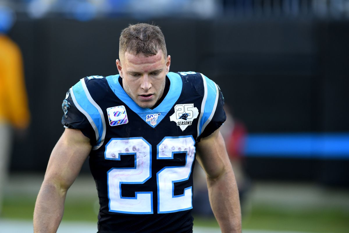 Carolina Panthers running back Christian McCaffrey comes off the field in the fourth quarter at Bank of America Stadium.