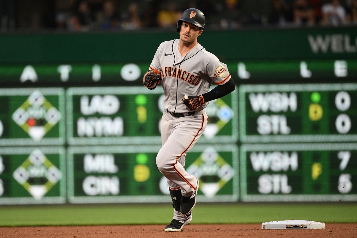 Mike Yastrzemski of the San Francisco Giants rounds the bases after hitting a solo home run in the second inning against the Pittsburgh Pirates at PNC Park on July 15, 2023 in Pittsburgh, Pennsylvania.