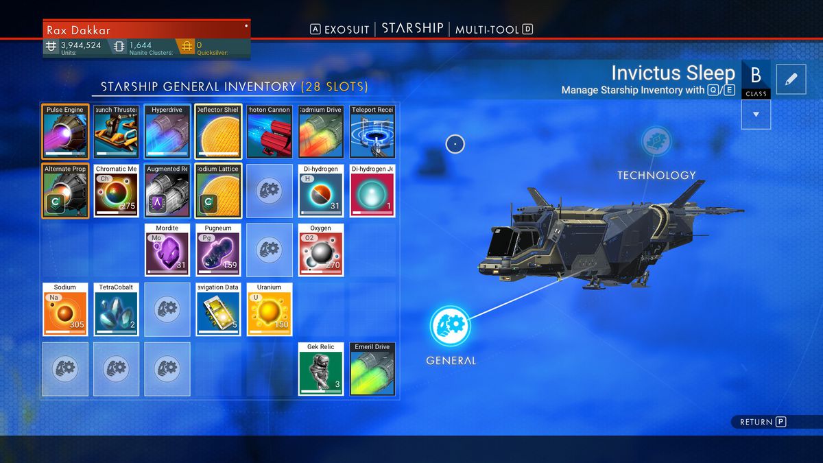No Man’s Sky - A spaceship inventory with Cadmium and Emiril Hyperderive upgrades installed.