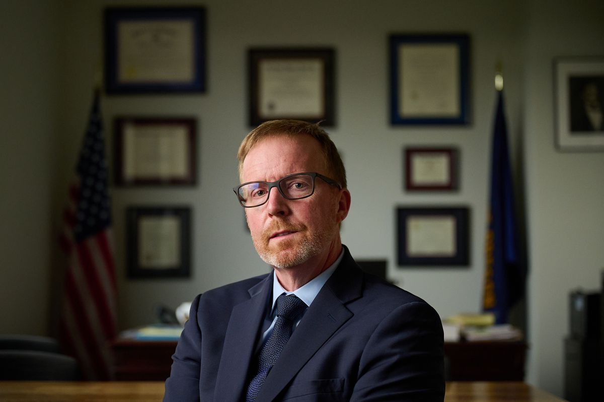Deschutes County District Attorney John Hummel in his office in Bend, Oregon.
