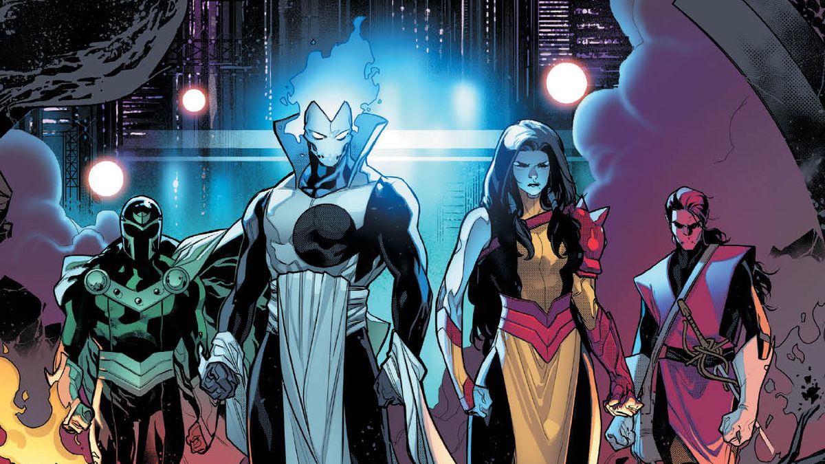 LTR: The Chimera mutant North, Xorn, the Chimera mutant Rasputin, and the Chimera mutant Cardinal striking a cool team pose in Powers of X #3, Marvel Comics (2019).