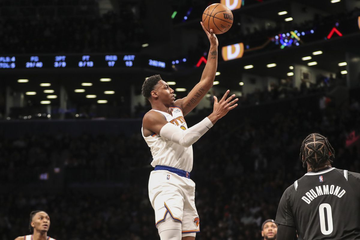 New York Knicks guard RJ Barrett (9) shoots the ball against the Brooklyn Nets in the second quarter at Barclays Center.