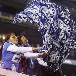 Brigham Young Cougars fans cheer during the Poinsettia Bowl in San Diego on Wednesday, Dec. 21, 2016. BYU won 24-21. Each
